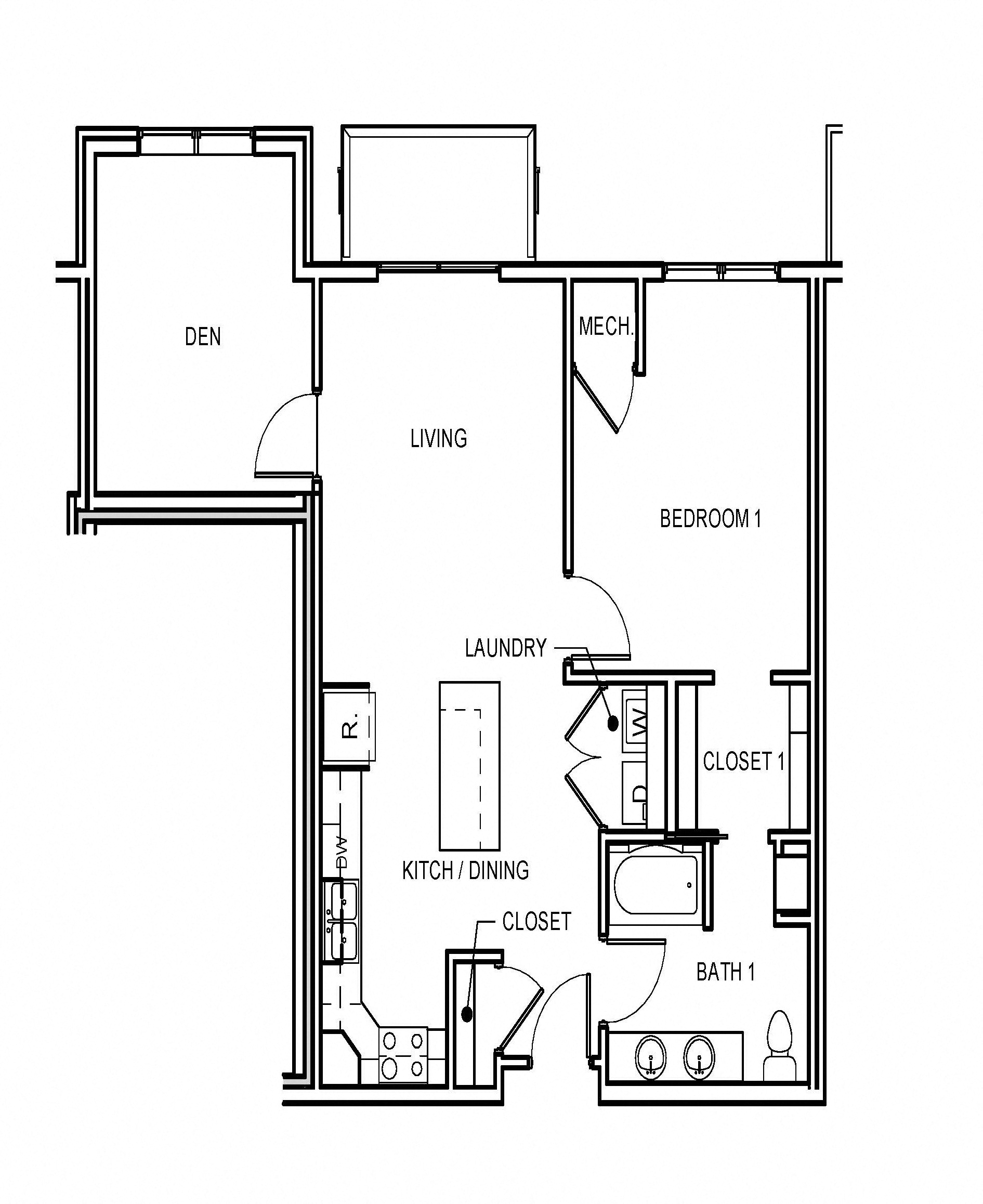 Floor plan for 1 bed, 1 bath, 835 sqft